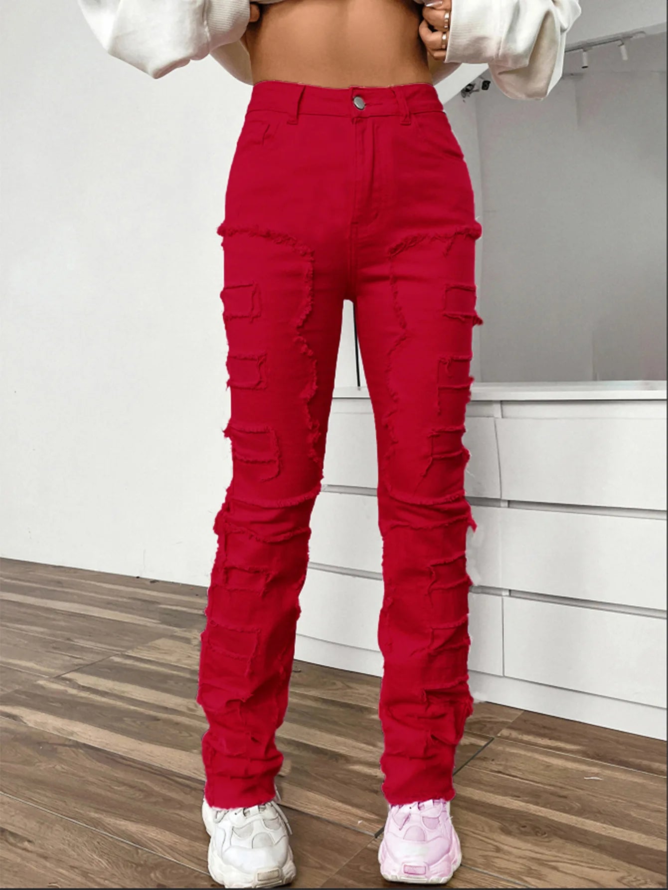 Women Jeans Denim Straight Pants Spliced