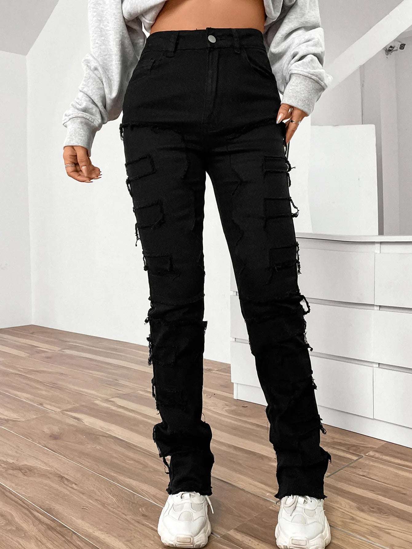 Women Jeans Denim Straight Pants Spliced