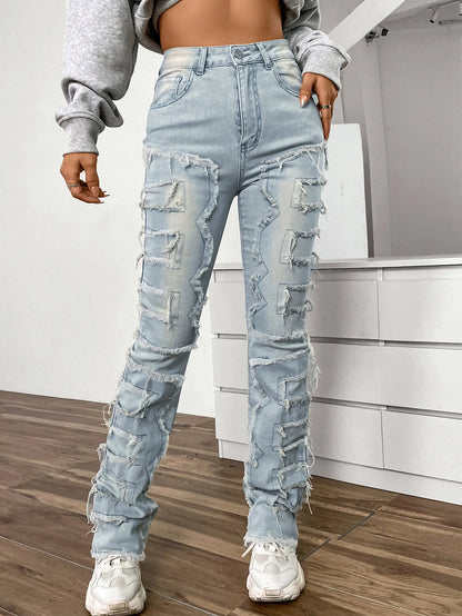 Women Jeans Denim Straight Pants Spliced