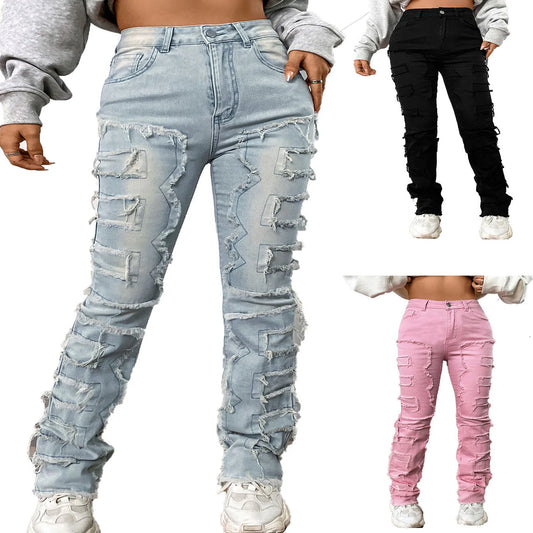 Women Jeans Denim Straight Pants Spliced