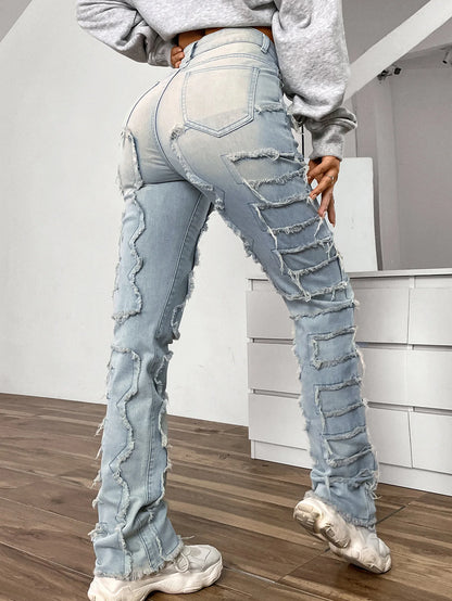 Women Jeans Denim Straight Pants Spliced