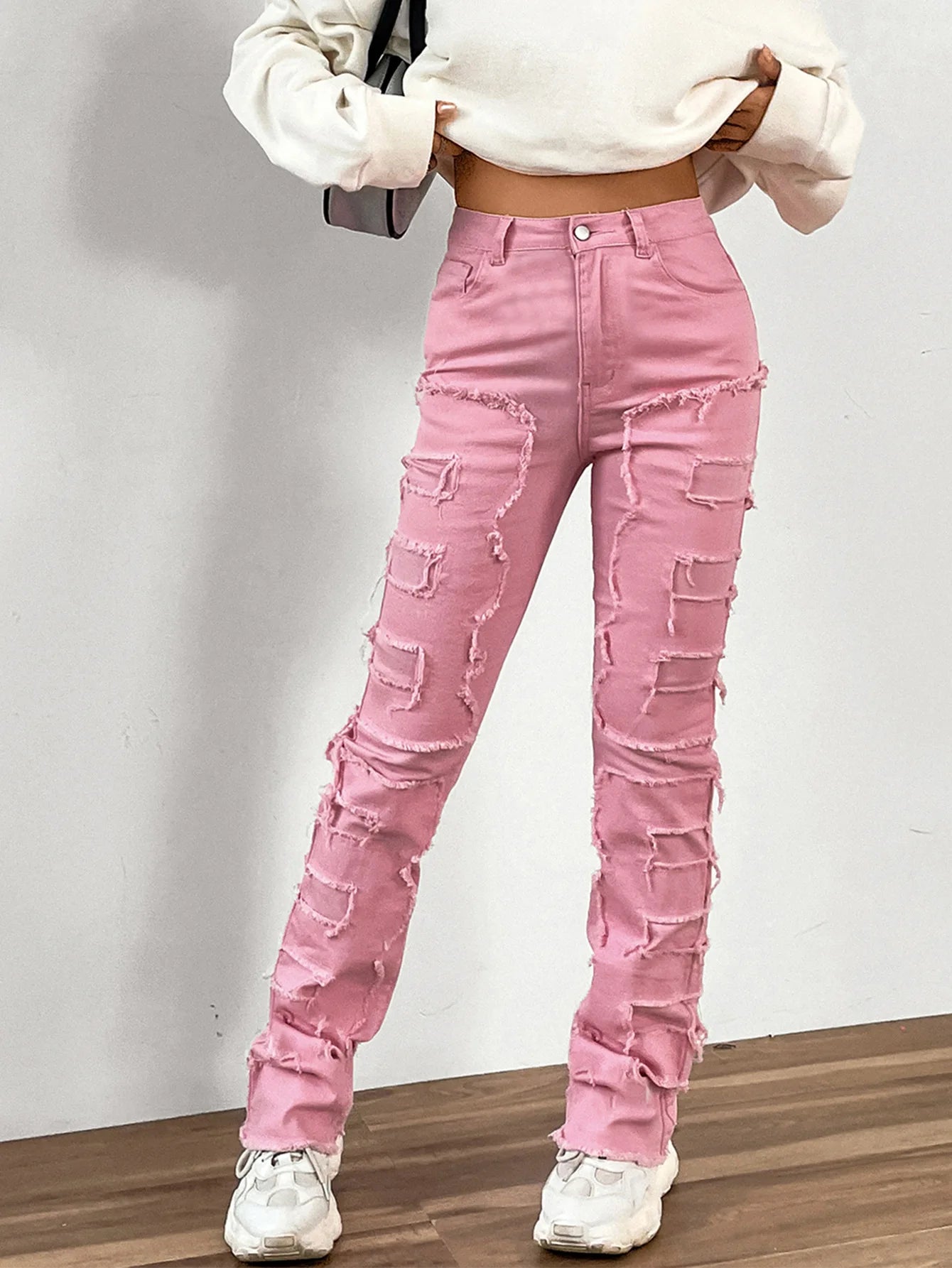 Women Jeans Denim Straight Pants Spliced