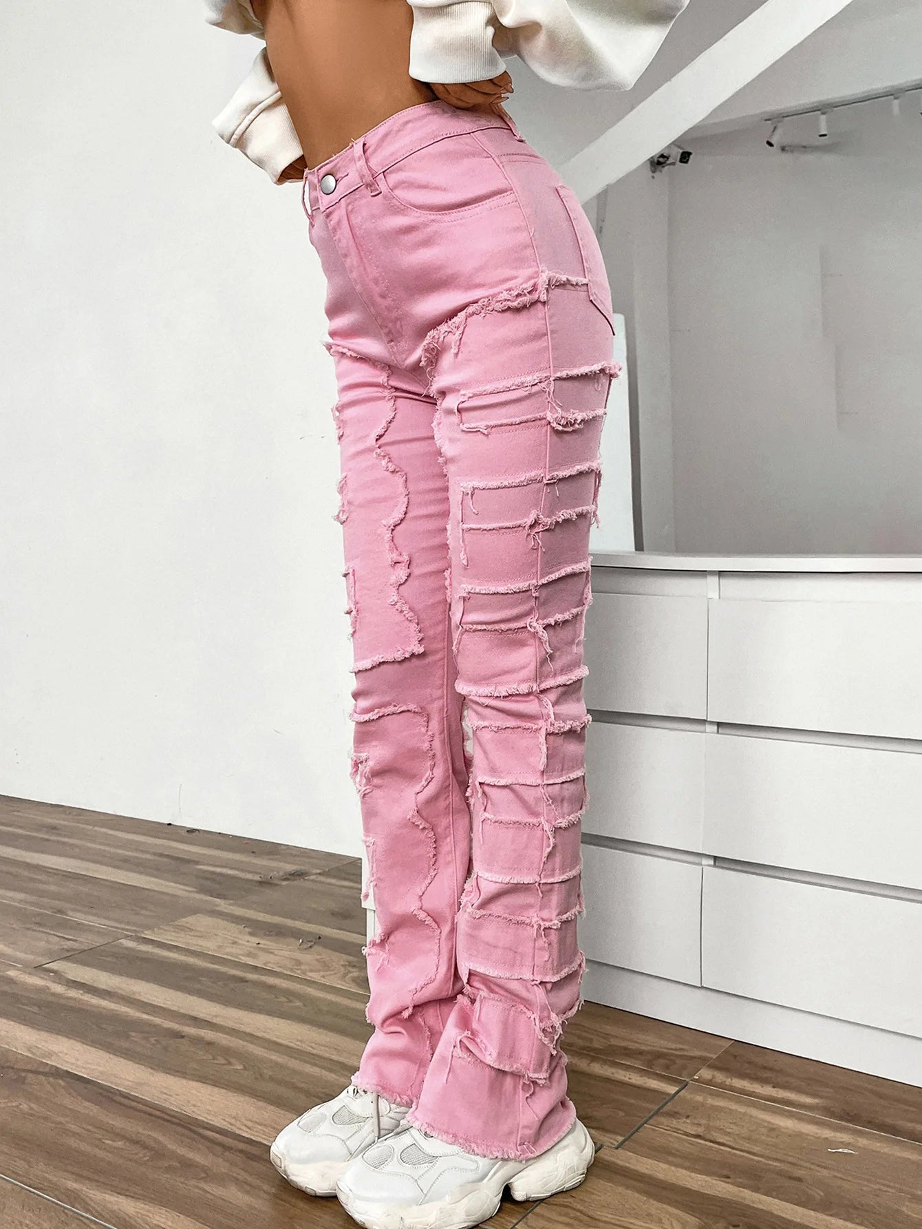 Women Jeans Denim Straight Pants Spliced