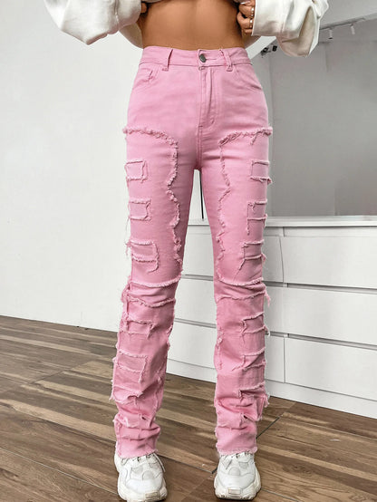 Women Jeans Denim Straight Pants Spliced