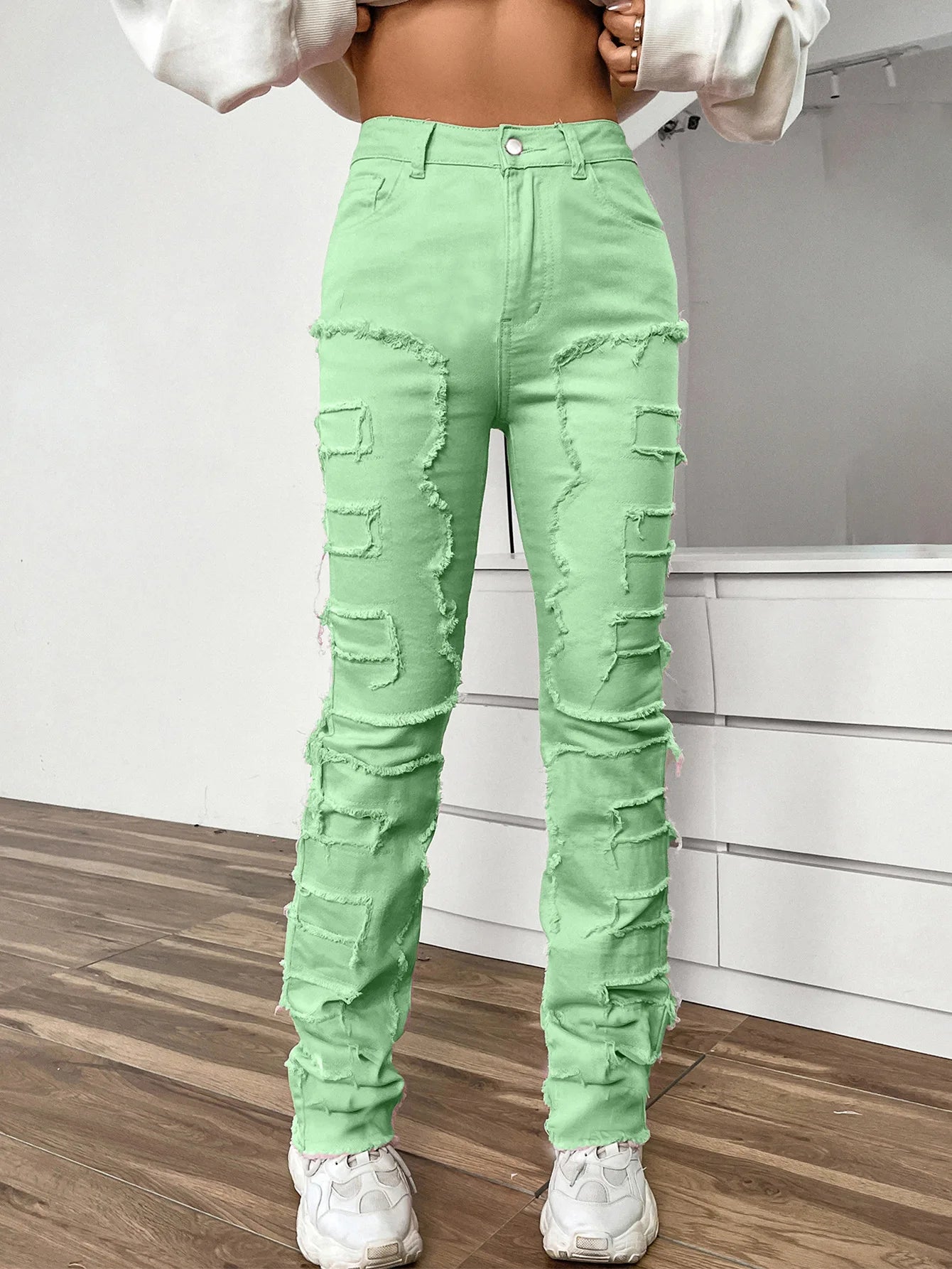 Women Jeans Denim Straight Pants Spliced